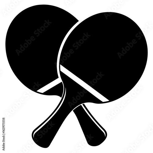 Two black ping pong paddles crossed in a stylized silhouette against a white background