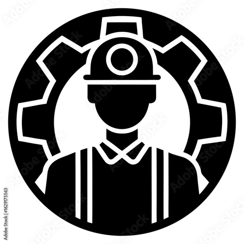 Silhouette of a construction worker wearing a hard hat and overalls inside a gear symbol representing industry and labor