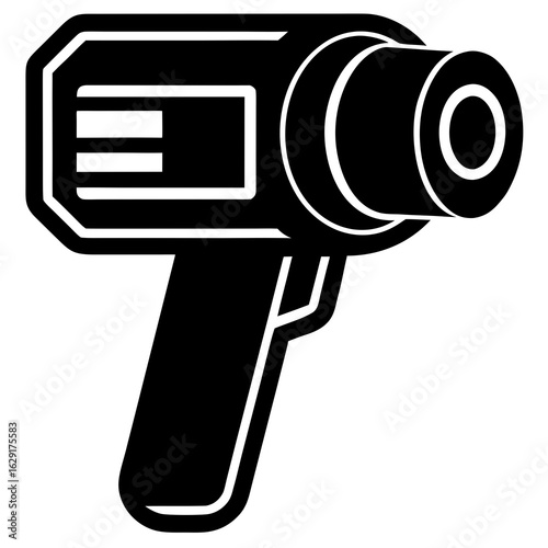 Black silhouette icon of a handheld infrared thermometer with a digital display and lens on a white background