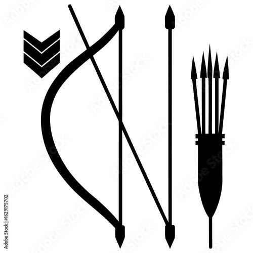 Black silhouette of a bow and arrow set with a quiver of arrows and chevron symbols on a white background