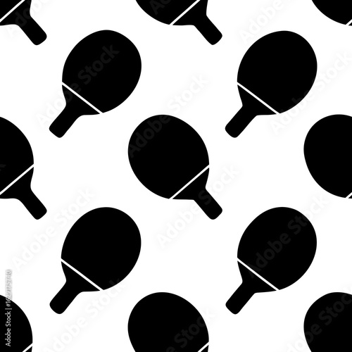 Seamless pattern of black table tennis paddles on a white background representing the sport of ping pong