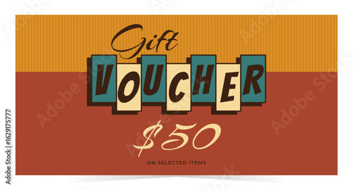 Gift voucher in retro mid century style. Vintage vector illustration isolated on white background for brewery cafe tavern diner saloon grill pub bar and more