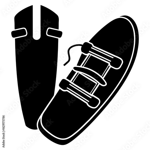 Black and white silhouette illustration of a snowboard and bindings on a clean white background