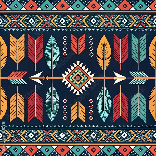 Colorful tribal pattern with arrows and geometric motifs on a dark background.

