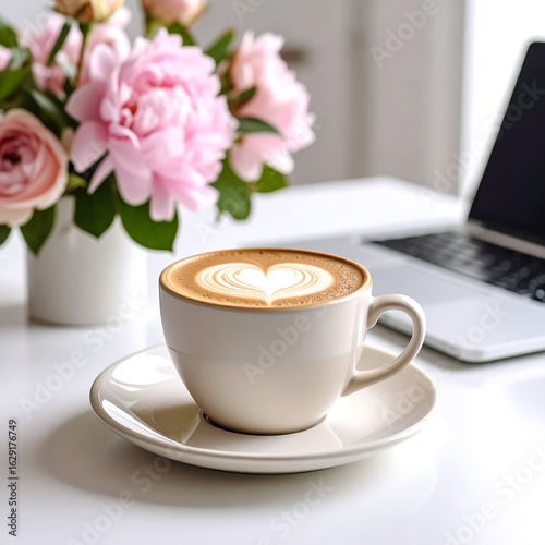 Latte art in a cup, beside a laptop and flowers