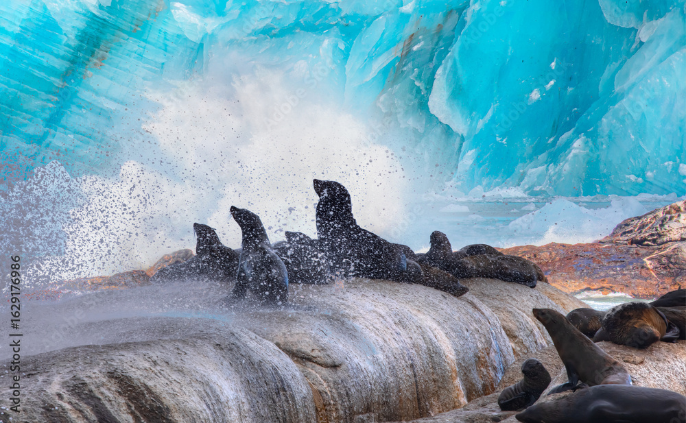 Obraz premium Group of seals resting on a rock of ice in a cold environment with icy background - Greenland
