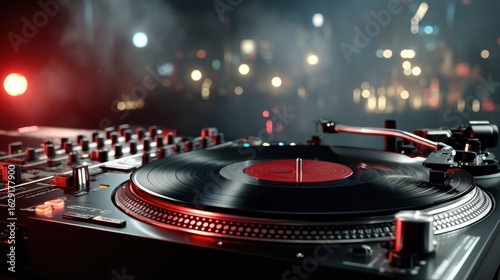 Close-up of a DJ turntable with a vinyl record, blurred city lights background