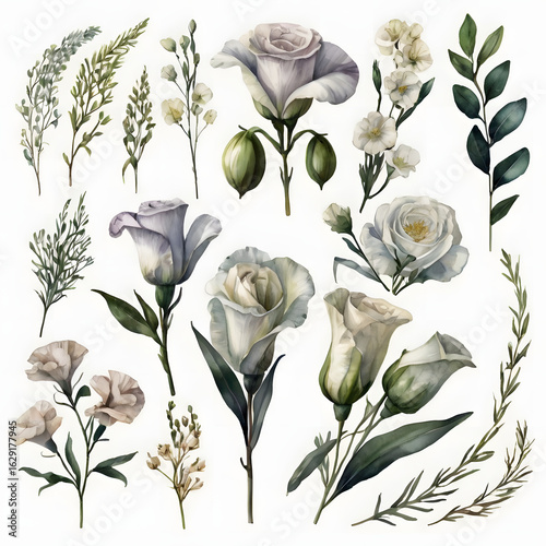 Beautiful floral seamless pattern with a delicate bouquet of white roses, leaves, and vintage botanical illustrations