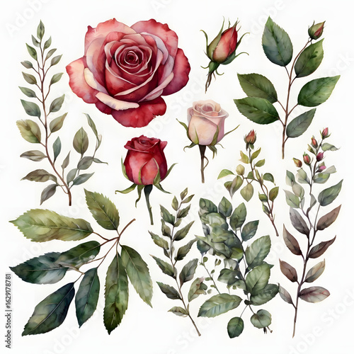 A beautiful bouquet of red roses, a symbol of love and romance, with green leaves on a clean white background