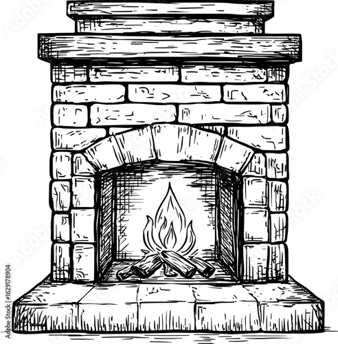 Black and white illustration of a fireplace with a burning flame.
