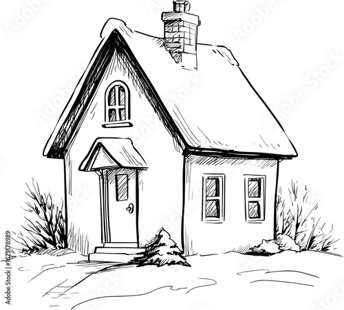 Black and white sketch of a snow-covered cozy house.