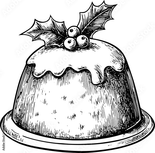 Traditional Christmas pudding illustration with holly decoration on top.