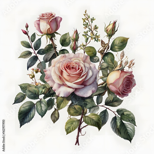 A beautiful bouquet of pink roses with lush green leaves rests on a white background, evoking feelings of love and romance