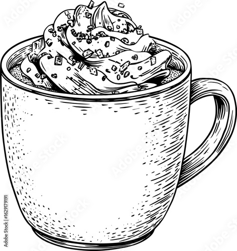 Hand-sketched illustration of a hot chocolate mug topped with cream.