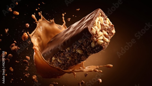 Decadent Chocolate Bar Explosion with Creamy Caramel Splash and Scattered Nuts