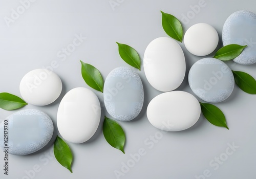 Zen Stones and Green Leaves Flat Lay Composition on Gray Background
