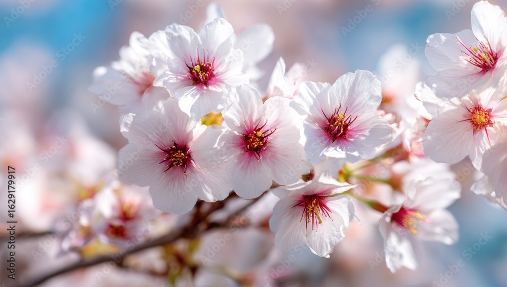 Fototapeta premium Delicate White Cherry Blossoms with Vibrant Pink Centers Against a Soft Blue Sky