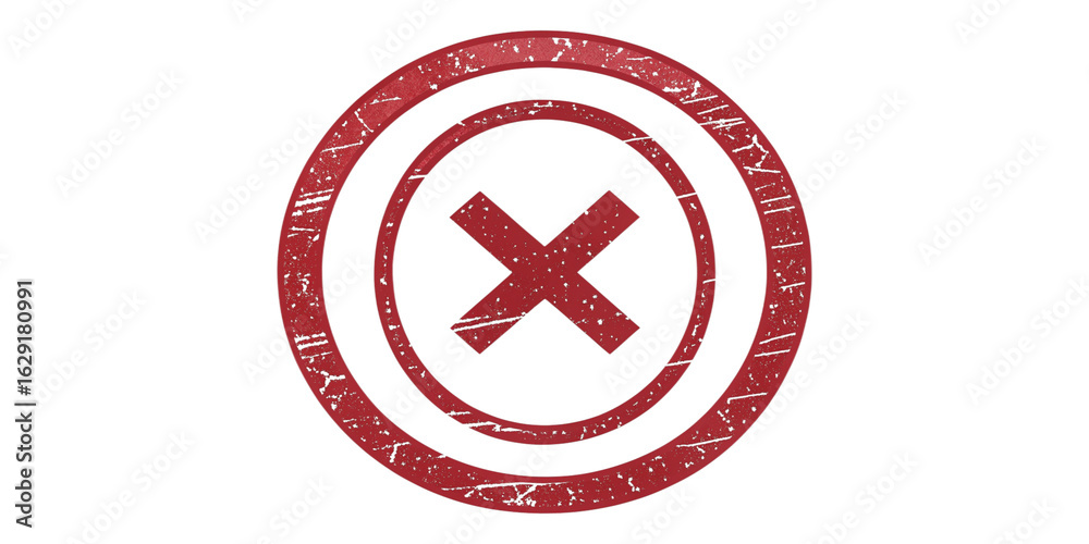 Obraz premium Distressed Grunge Red X Mark in Circle – Prohibition or Error Symbol on Transparent Background Worn Grunge-Style Red Cross Icon in Circle – Prohibited, Error, or Not Allowed Sign