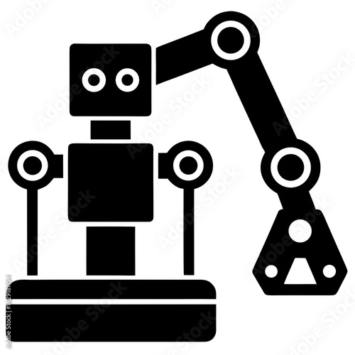 Industrial robotic arm with gripper picking up a component in a manufacturing assembly line process
