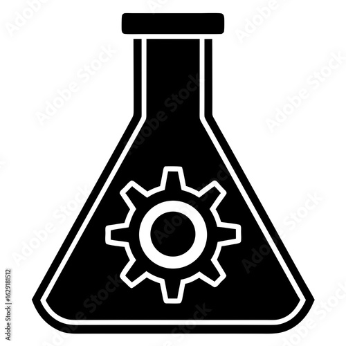 Black silhouette of a laboratory flask containing a gear symbolizing scientific innovation and industrial engineering processes