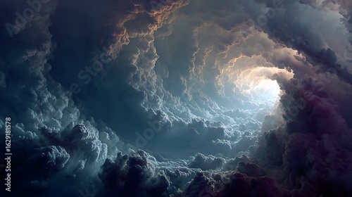 Swirling vortex of dark, dramatic storm clouds creating a tunnel of light in a turbulent and powerful sky.