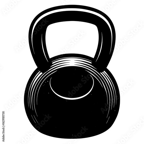 Stylized black kettlebell with a white speckled pattern and a circular design on a white background