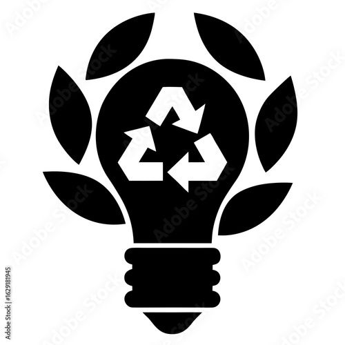 Black and white icon of a lightbulb with a plant growing inside and gear teeth around the top symbolizing innovation