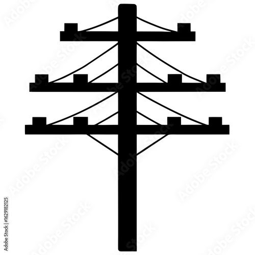 Black silhouette of a utility pole with multiple crossbars and hanging insulators supporting overhead wires