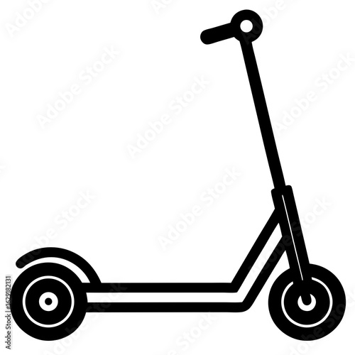 A simple black silhouette of a modern electric scooter with two wheels and a handlebar on a white background