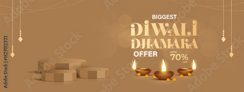 Diwali Sale Offer Discount Poster Design. Diwali Dhamaka Sale Label Design with podium design. Diwali Sale Label Design Template Vector Layered illustration.