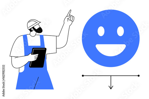 Worker in safety gear holding tablet and pointing at a blue happy face graphic. Ideal for teamwork, feedback, communication, satisfaction, job improvement, safety, simple landing page