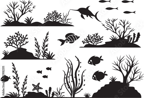 Underwater Landscape Icons on White Background  Premium Vector Set