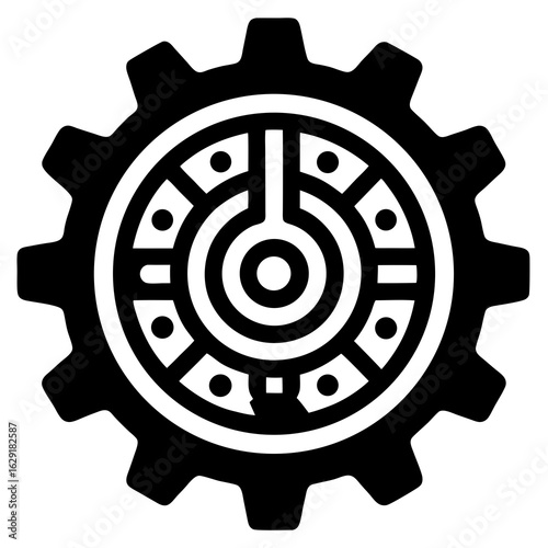 Stylized black icon of a gear with a central control lever and concentric rings suggesting speed or power