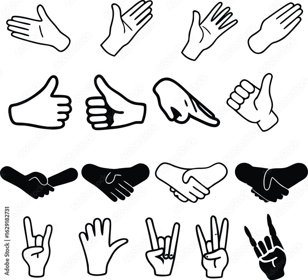 Fototapeta premium Hand Gesture Icons: Black and White Line Art, Diverse Set, Positive and Playful Mood.