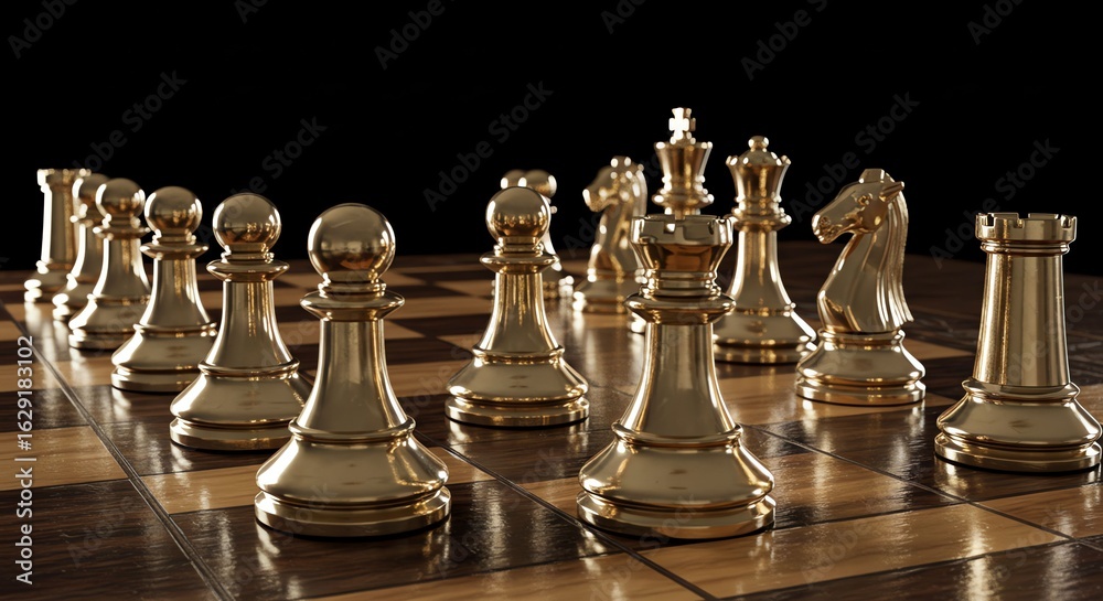 Naklejka premium Elegant Gold Chess Pieces on Wooden Board in Dramatic Lighting for Strategic Gaming