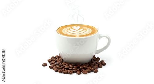 Steaming Coffee Cup with Latte Art and Coffee Beans on White Background