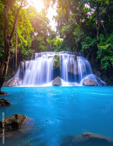 Lush waterfall cascading into turquoise pool