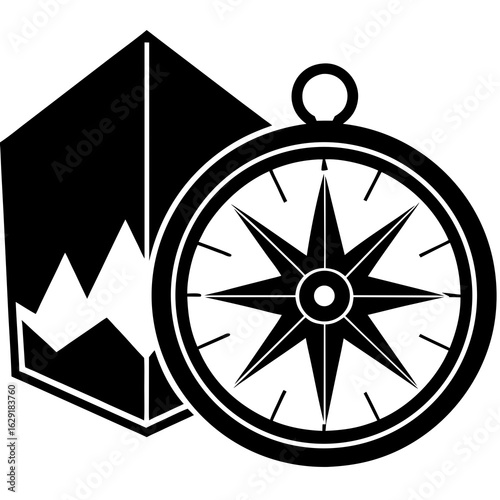 Black and white graphic illustration of a compass rose and a folded map symbolizing exploration and adventure