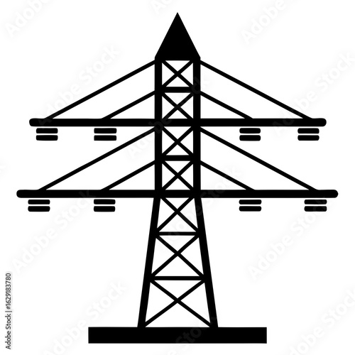 Simple black silhouette of an electricity pylon or high voltage power line tower against a white background