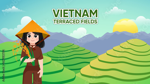 Vietnamese terraced rice fields – landscape and agricultural illustration