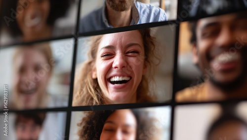 Diverse Group Laughing Together in a Grid of Video Call Screens