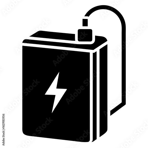 Black silhouette icon of a portable power bank charging with a lightning bolt symbol on its surface