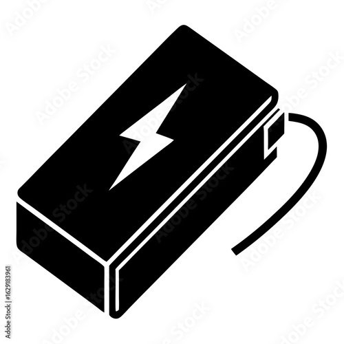 Black icon of a portable power bank with a lightning bolt symbol and charging cable attached