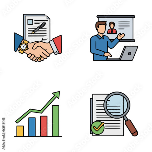 Flat vector illustration collection of business activities like deal signing, project presentation, analytics, and document review