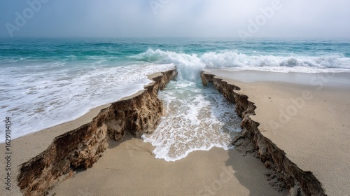 Coastal erosion reveals a sandy chasm, waves crashing