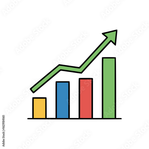 Simple illustration of bar graph with yellow, blue, red, green bars and upward arrow representing positive data trend Free Download Simple illustration of bar graph with yellow, blue, red, green bars and upward arrow representing positive data trend - GFXLoad