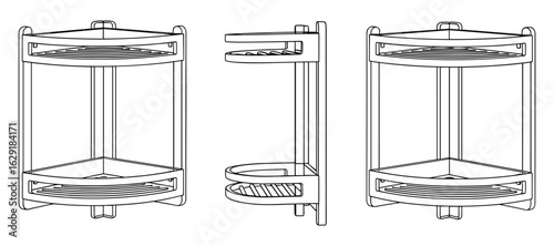 Detailed technical drawing of a bathroom corner shelf in orthogonal views for design purposes