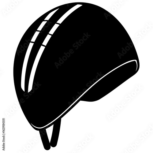 Stylized black silhouette of a protective helmet with white stripes and chin straps on a white background