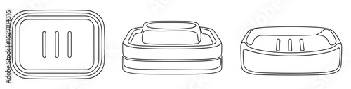 Monochrome linear drawing depicting a soap dish in three different perspectives.