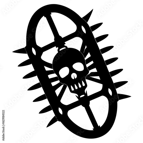 Spooky ghost character with spiked wheel and underneath a decorative element
